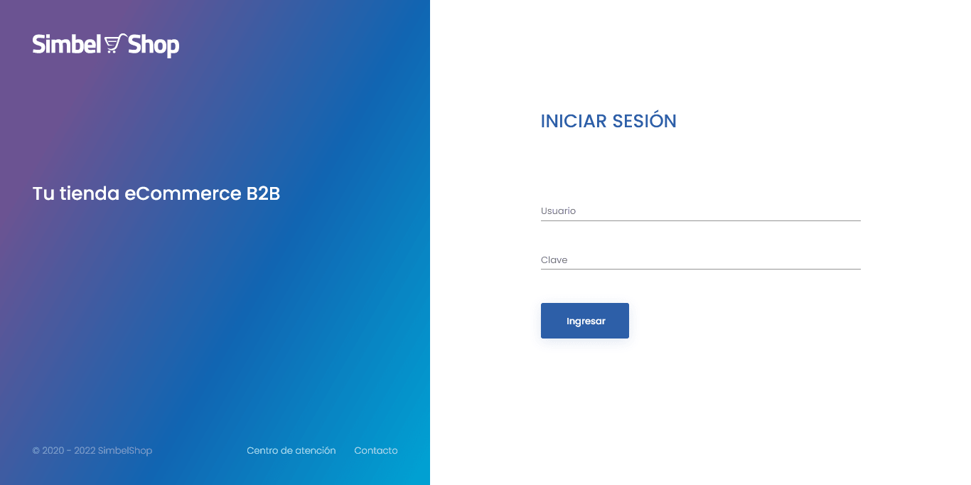 Login de eCommerce B2B SimbelShop, captura de pantalla.